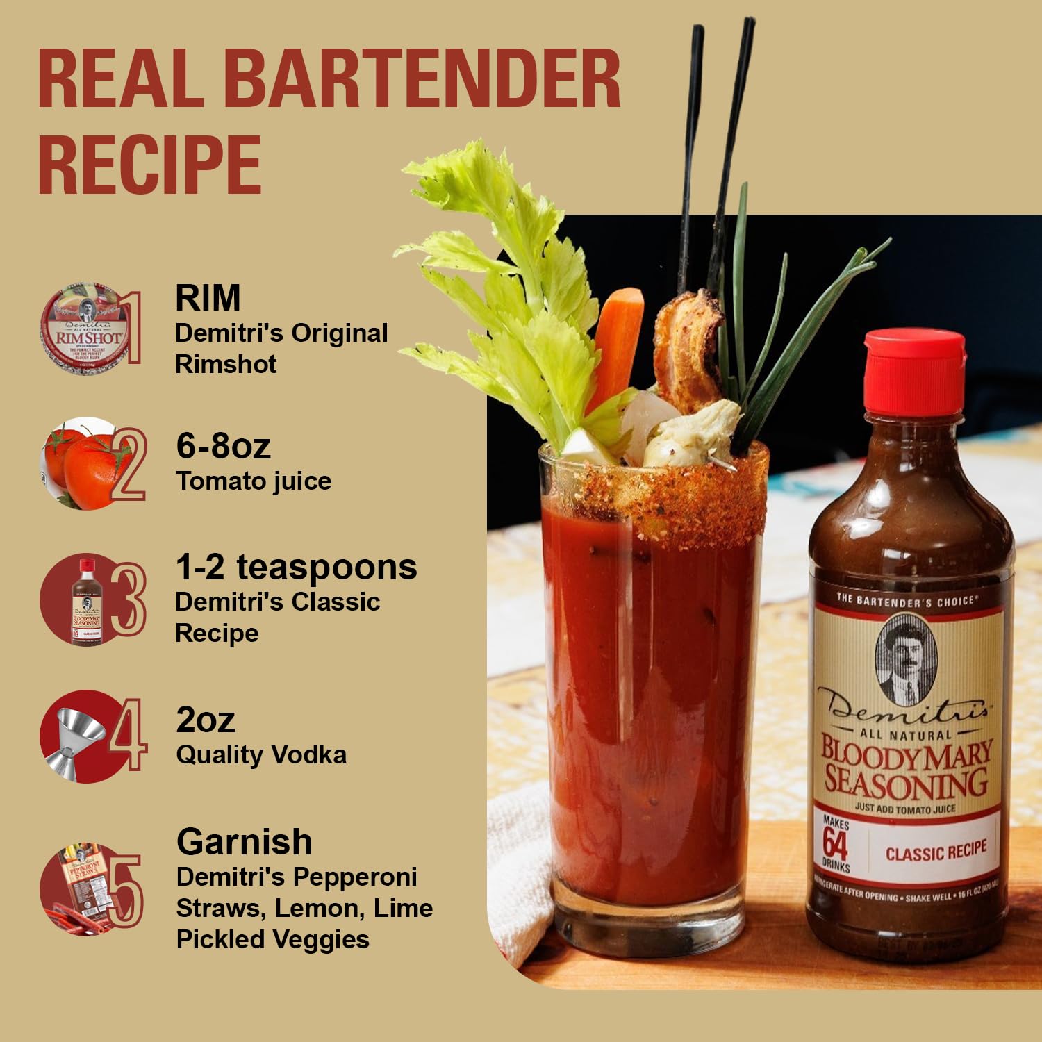Demitri's Bloody Mary Seasoning Classic Recipe - Bloody Mary Mix - Concentrated Drink Mixer - Bold Rich Flavor - Perfect for Home Brunch Parties