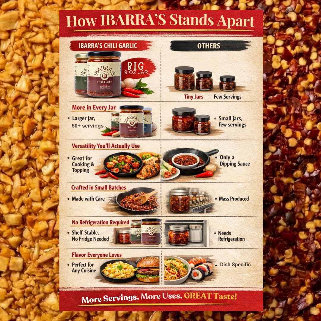 IBARRA'S Chili Garlic - 9oz (Pack of 1) - "The all-around, premium sauce for spice and flavor". Vegan-friendly. Small-batch production. Gluten-free