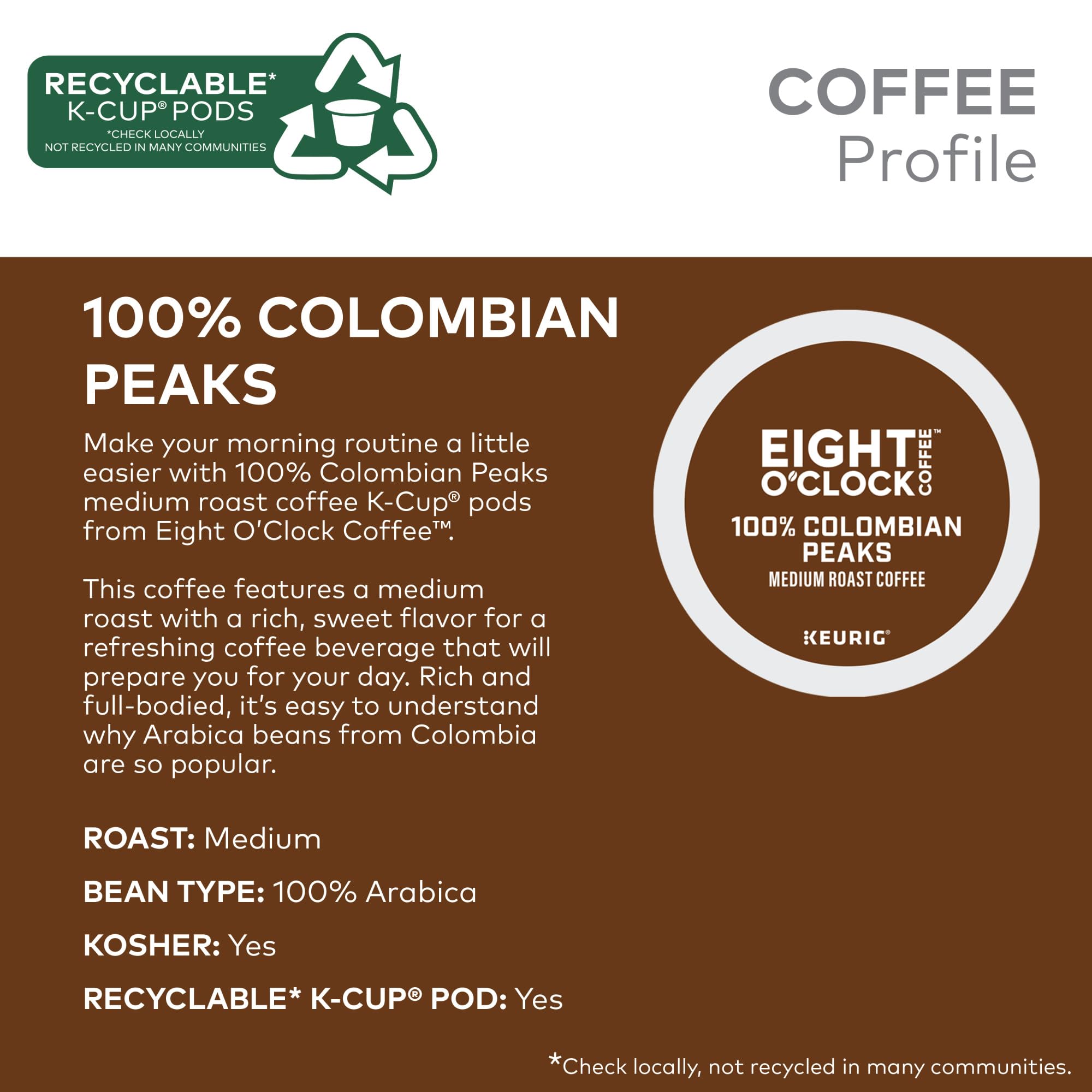 EIGHT O CLOCK 100% COLOMBIAN PEAKS K CUP COFFEE CAFFEINE CUP IN BOX 3.9 OZ - 0011141106721