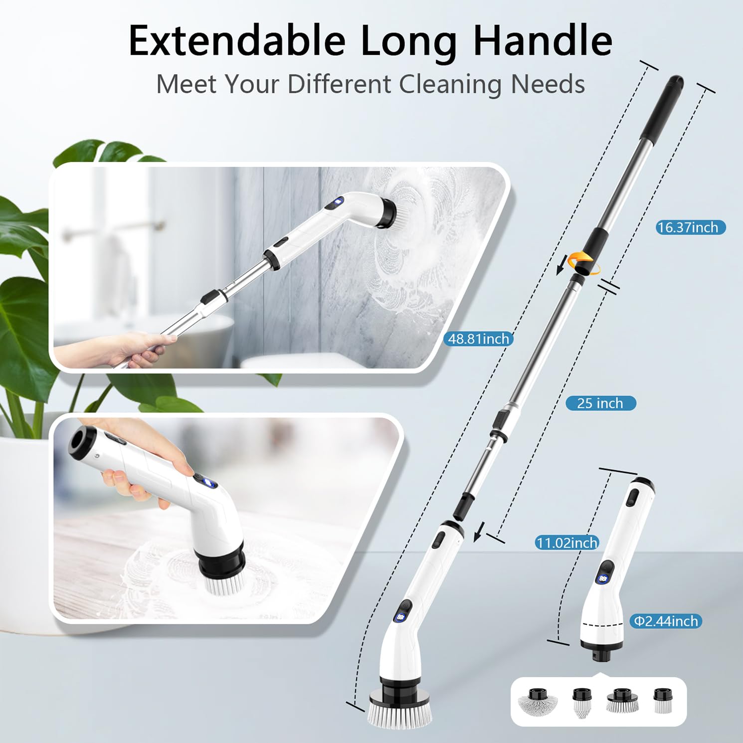 TUYU Electric Spin Scrubber, Full-Body IPX7 Waterproof Bathroom Scrubber with Power LCD Display, Adjustable Extension Handle, Cordless Shower Cleaner