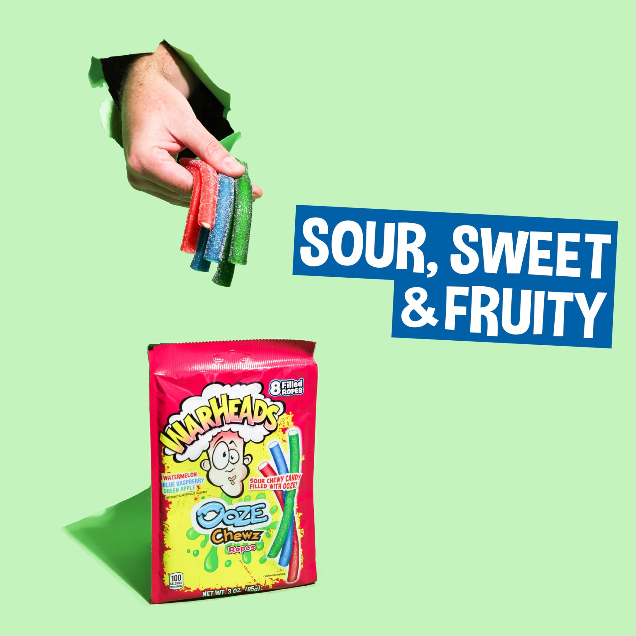 WARHEADS Ooze Chewz Ropes - Chewy Candy Ropes with Sour Filling - Watermelon, Blue Raspberry & Green Apple Flavors - 3 oz. Bag