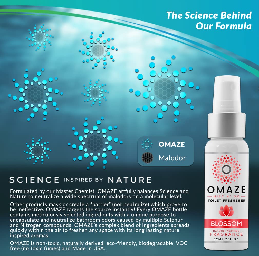 OMAZE Mist N Go Toilet Freshener, Blossom Scent 2Fl Oz | Odor Neutralizer for Toilets