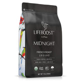 Lifeboost Midnight French Roast Coffee Ground - Non-GMO Single Origin USDA Organic Low Acid Coffee French Roast - Third Party Tested For Mycotoxins