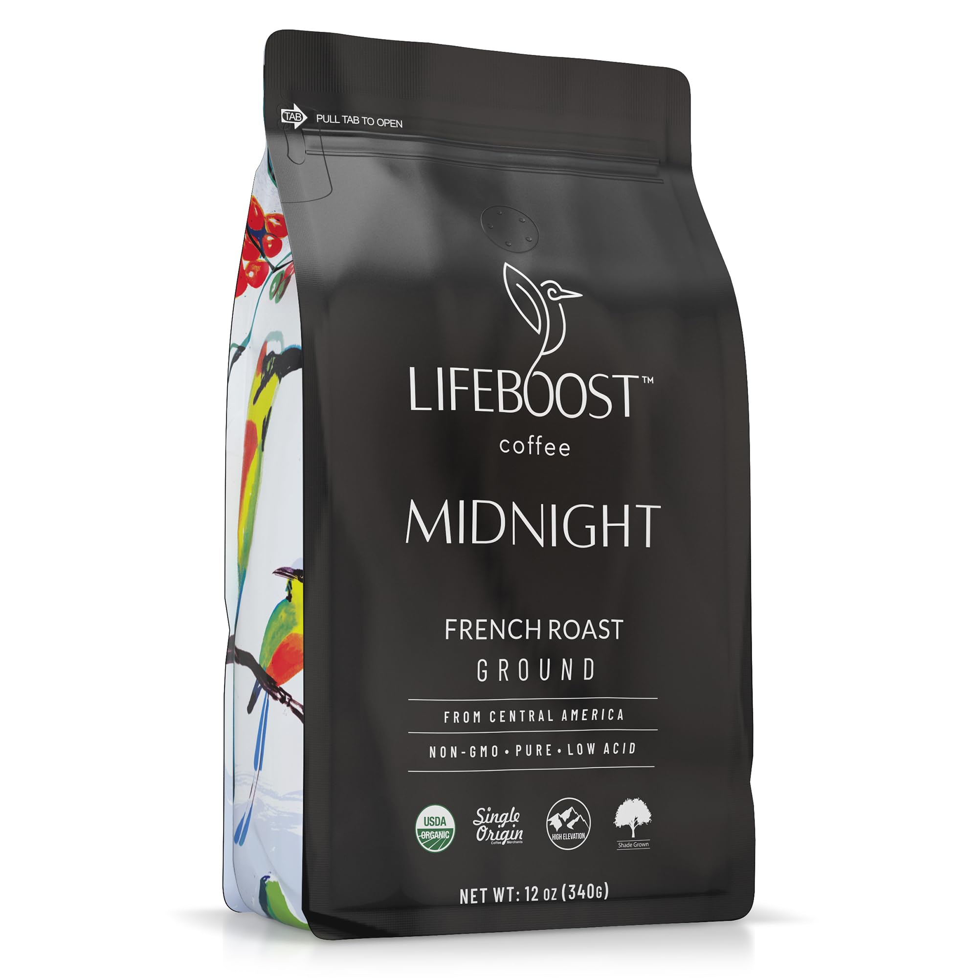 Lifeboost Midnight French Roast Coffee Ground - Non-GMO Single Origin USDA Organic Low Acid Coffee French Roast - Third Party Tested For Mycotoxins