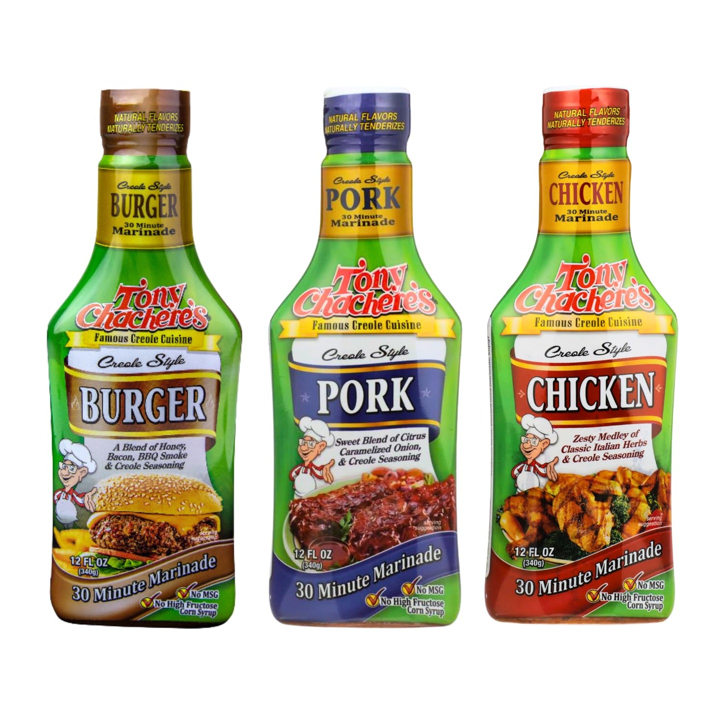 Tony Chachere Pourable Marinades, Burger, Pork & Chicken Variety Pack, 12 fl oz, 3 Count