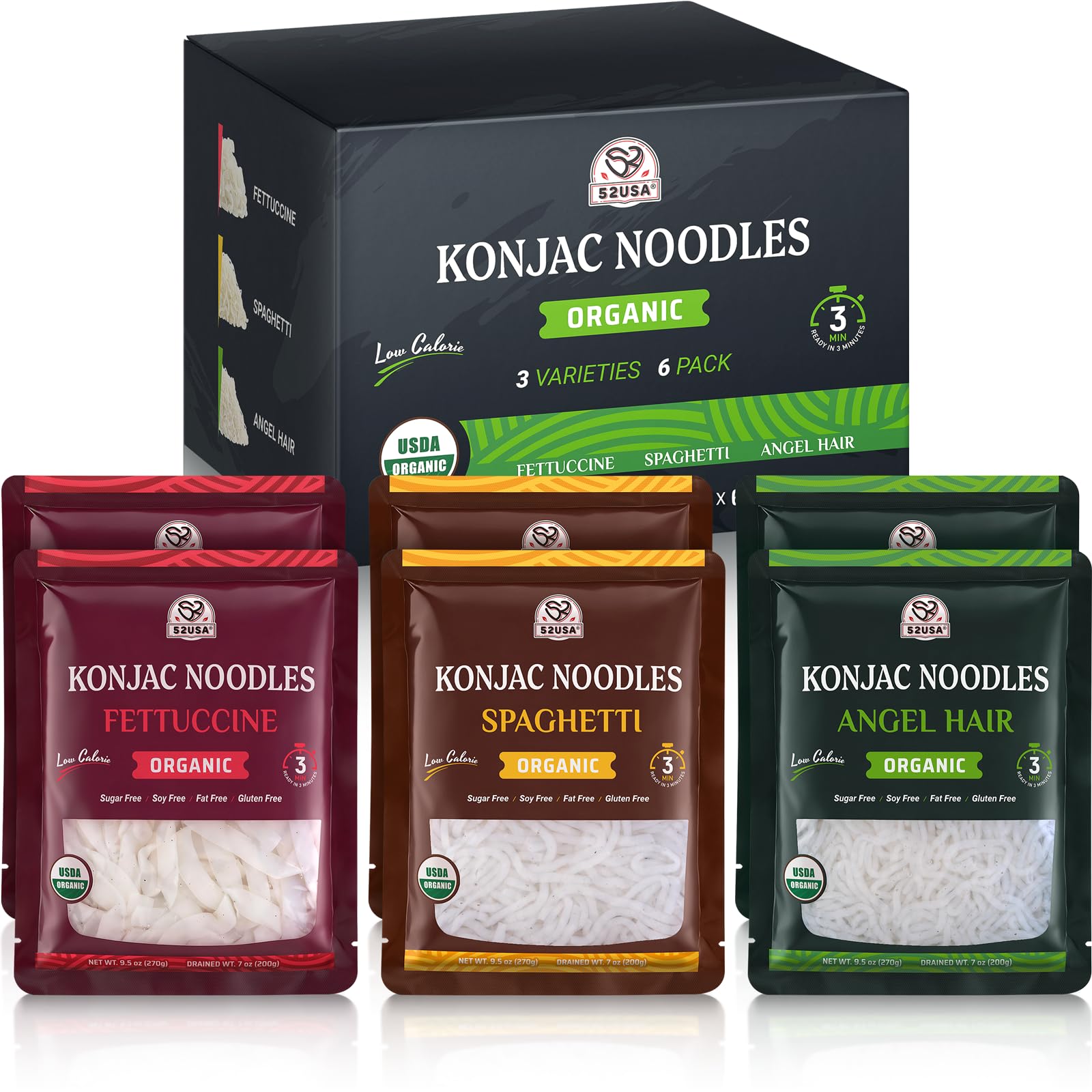 52USA USDA Organic Konjac Shirataki Noodle, Low Carb Pasta 52.8 Oz, 6 Pack 3 Variety-Angel Hair, Fettuccine, Spaghetti Noodles, Keto and Paleo