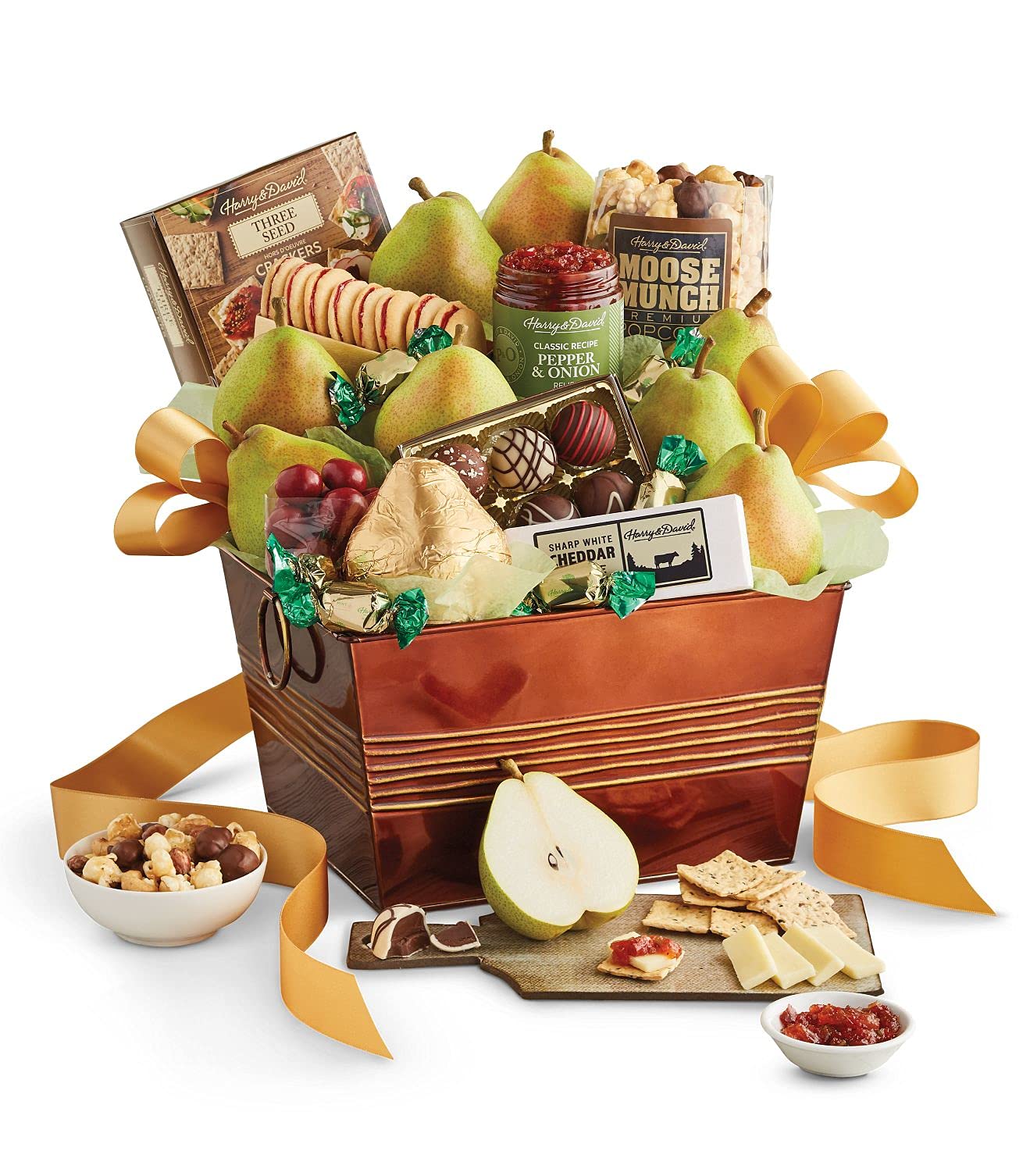 Harry & David Favorites Deluxe Food Gift Basket, Fruit And Cheese Gift Basket With Pears, Moose Munch Popcorn, Galettes, Cheese, Relish, Crackers