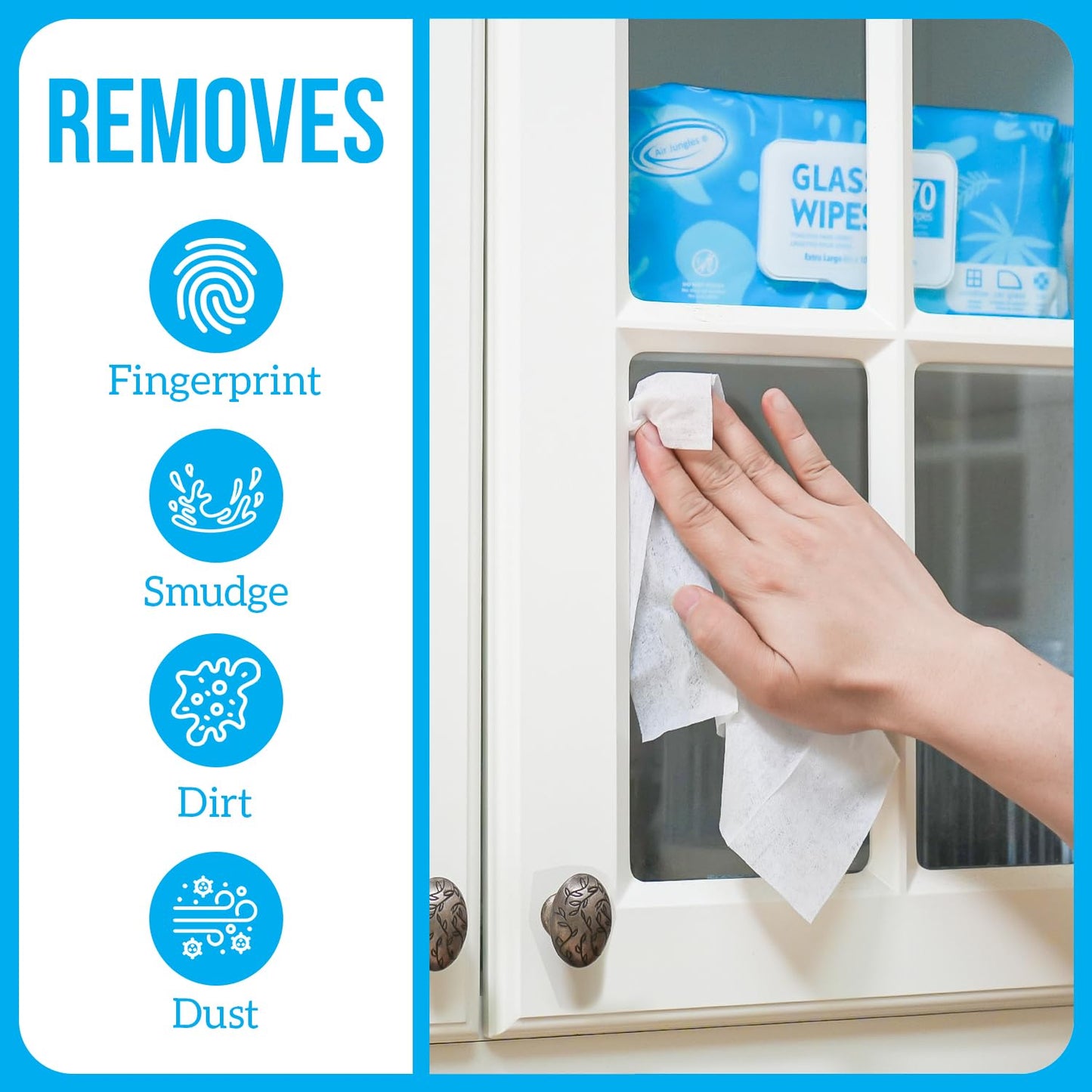 Air Jungles Glass Cleaner Wipes 70 Count, No Cloth Needed, XL 10" x 8" Streak Free Cleaning Wipes for Windows, Mirrors, Car Windshield, Removes