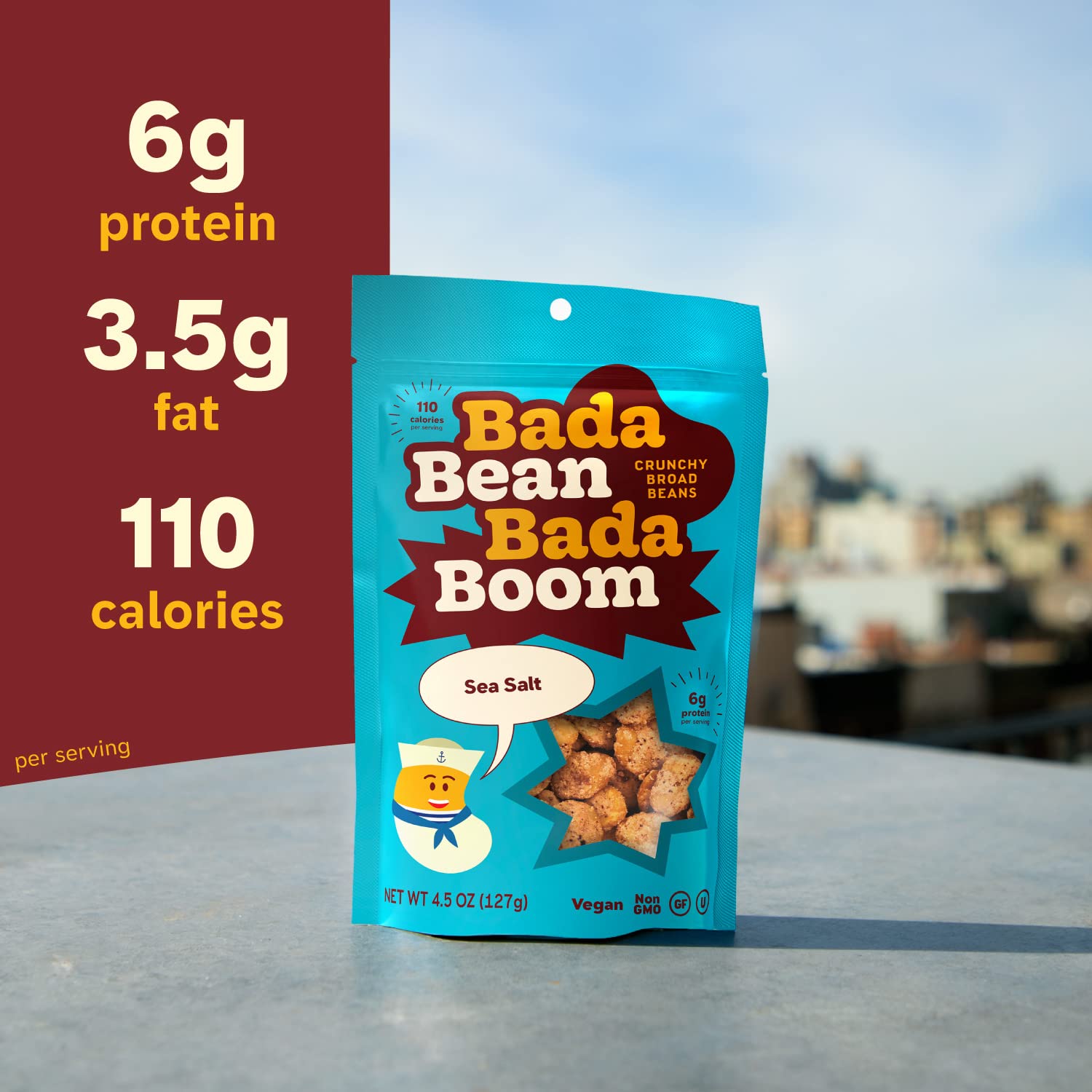 Bada Bean Bada Boom - Plant-Based Protein, Gluten Free, Vegan, Crunchy Roasted Broad (Fava) Bean Snacks, 100 Calories per Serving, Sea Salt, 4.5 Ounce