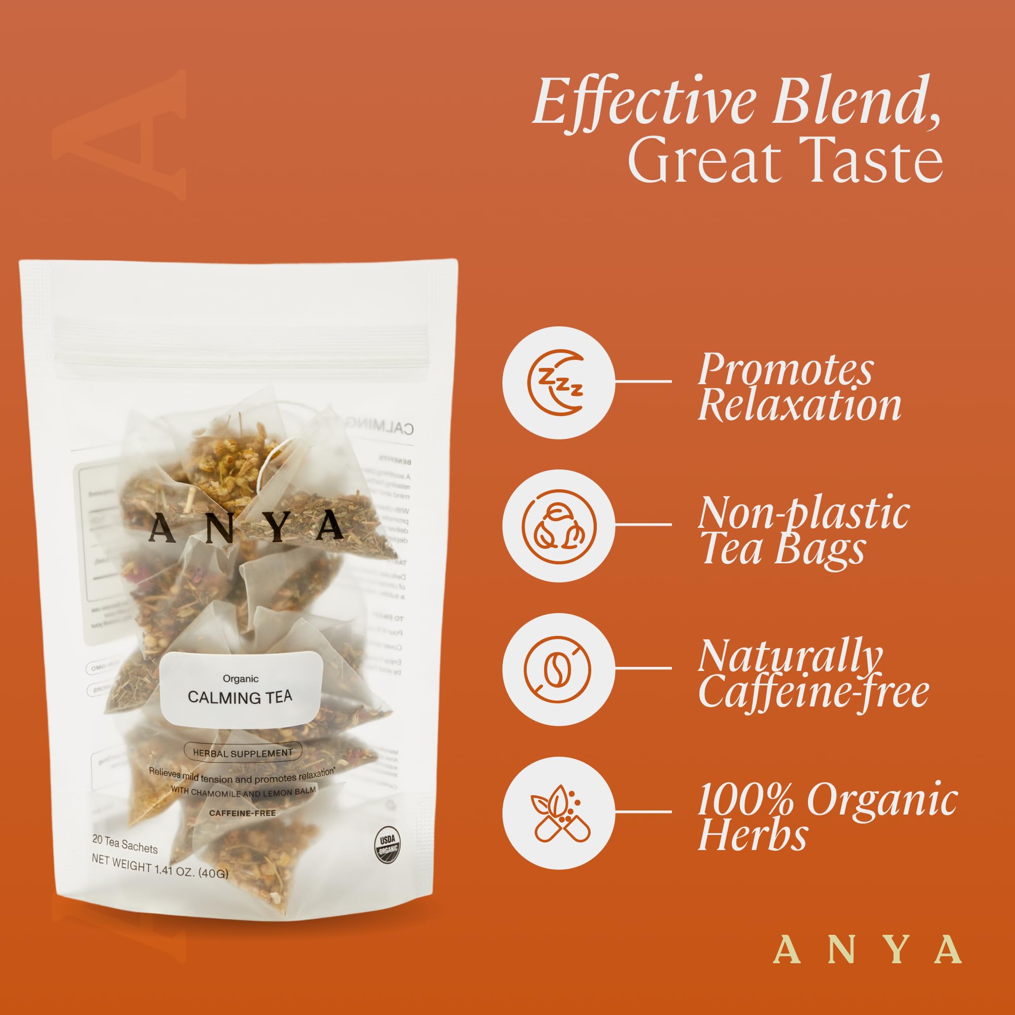 ANYA Calming tea, 20ct - Chamomile, Lemon Balm, Nettle leaf, Breastfeeding Safe, 100% Organic, Non-GMO, Gluten free, Biodegradable. Essential