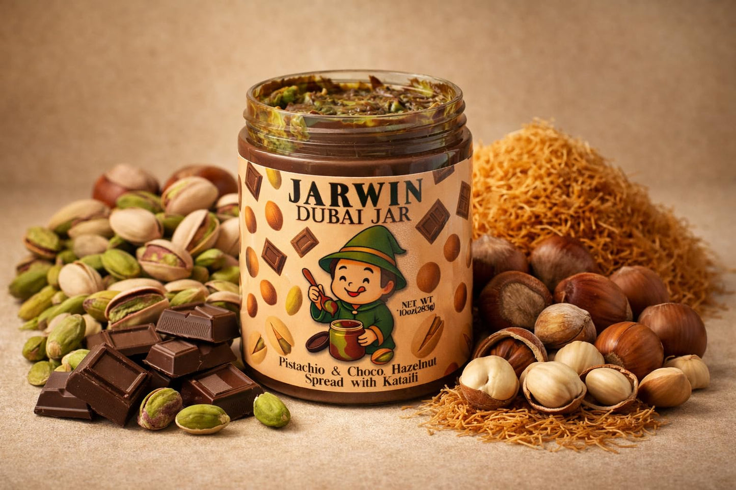 Velvet Chocolate Jarwin Dubai Dessert Jar - Pistachio Cream with Kunafa & Chocolate Hazelnut Layers, 10oz | Handmade Luxury Middle Eastern Sweet