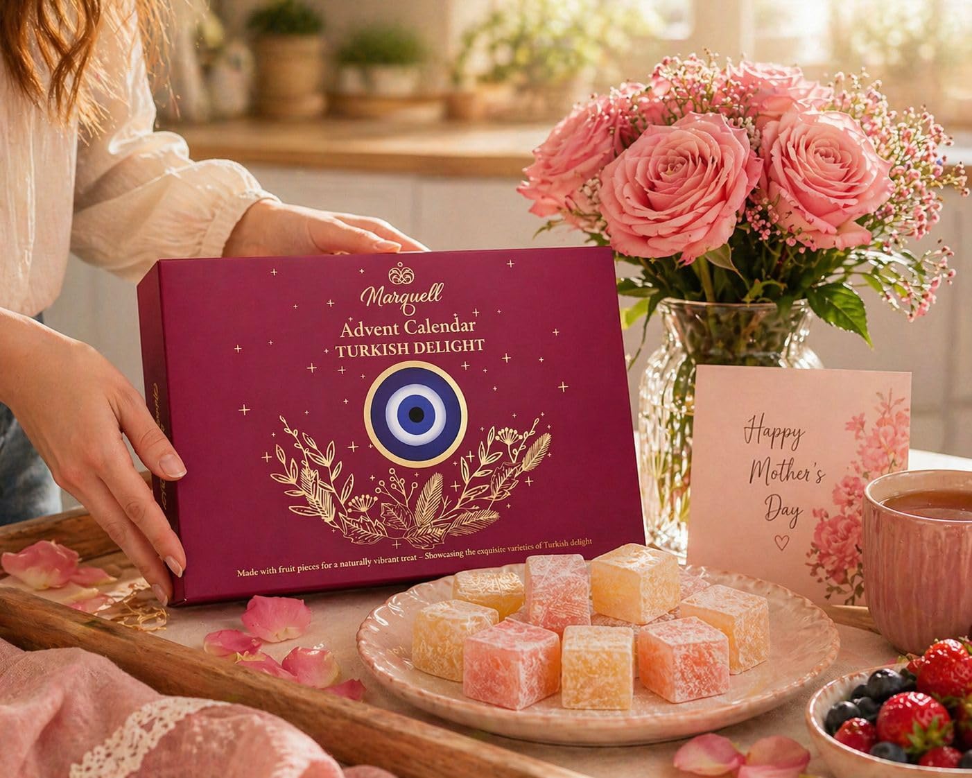 Marquell Turkish Delight Gift Box - 24 Day Advent Calendar Style, Premium Fruit-Infused Gourmet Candy Assortment, Handmade Individually Wrapped Soft