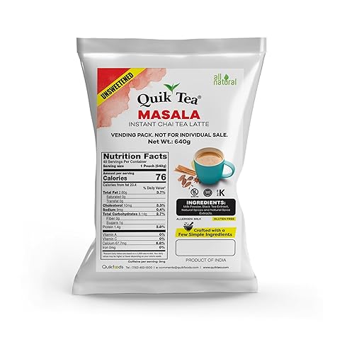 QuikTea Masala Unsweetened Chai Tea Latte - Bold Masala Flavor, Naturally Caffeine-Light, Preservative-Free, No Sugar Added - 640g of Perfection