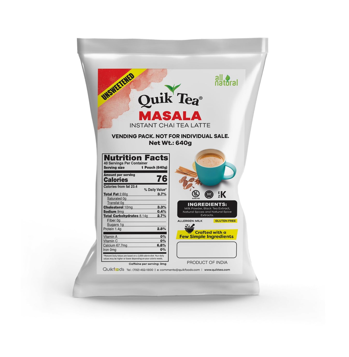 QuikTea Masala Unsweetened Chai Tea Latte - Bold Masala Flavor, Naturally Caffeine-Light, Preservative-Free, No Sugar Added - 640g of Perfection