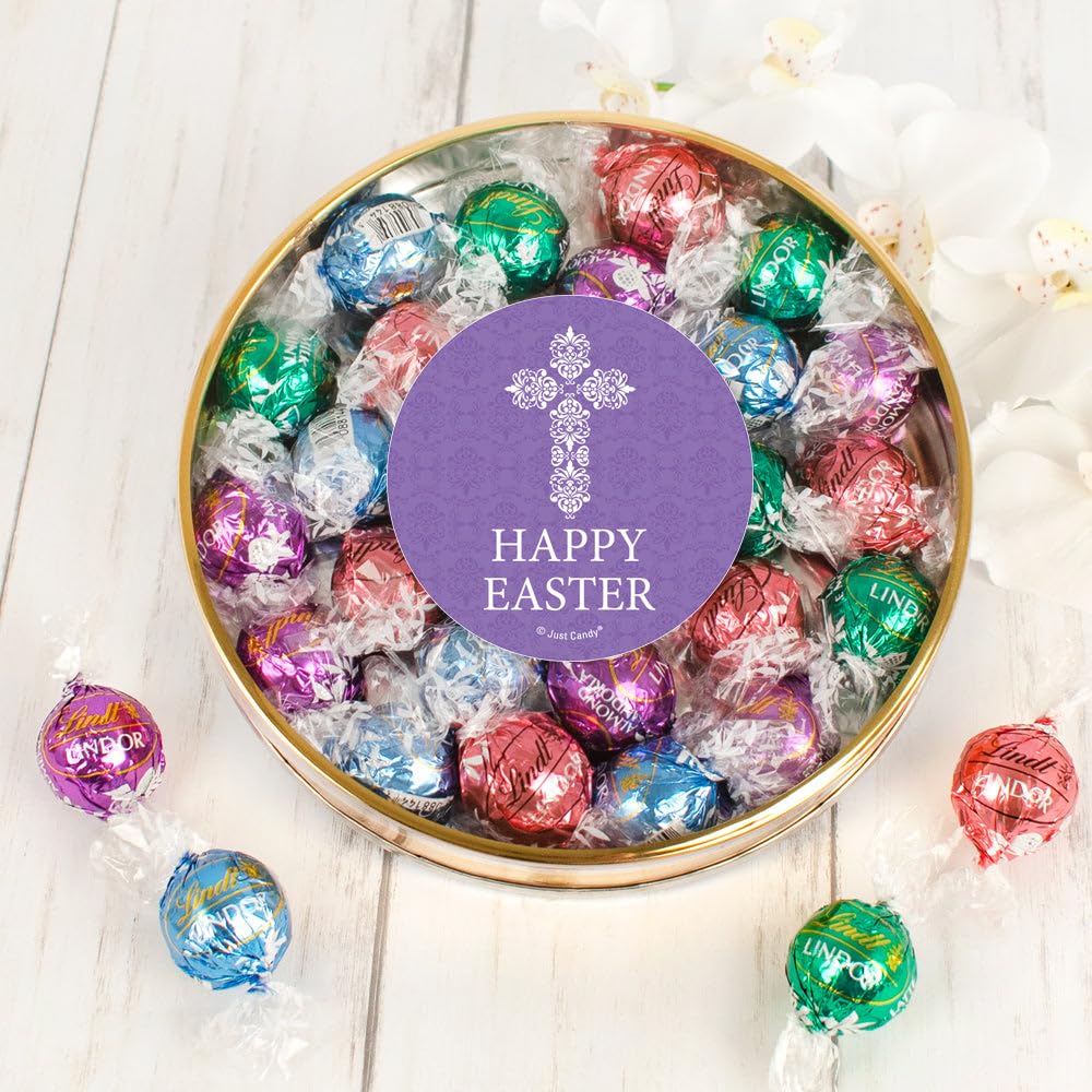 Purple Cross Stickered Easter Candy Gift Tin Filled With 20 Individually Wrapped Assorted Chocolate Truffles For Baskets, Gifts, Giveaways, Parties
