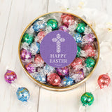 Purple Cross Stickered Easter Candy Gift Tin Filled With 20 Individually Wrapped Assorted Chocolate Truffles For Baskets, Gifts, Giveaways, Parties