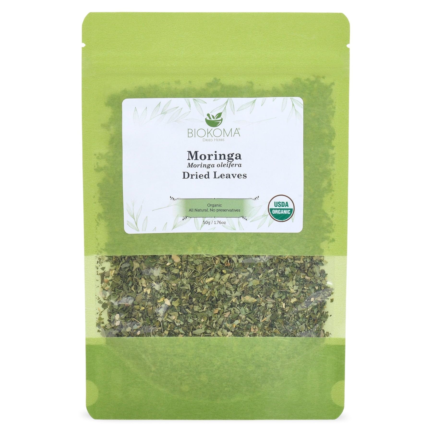 Biokoma Organic Moringa Dried Leaves 50g (1.76oz) Moringa oleifera - Brain Boost Digestion Support Resealable Moisture Proof Pouch USDA Organic Herbal