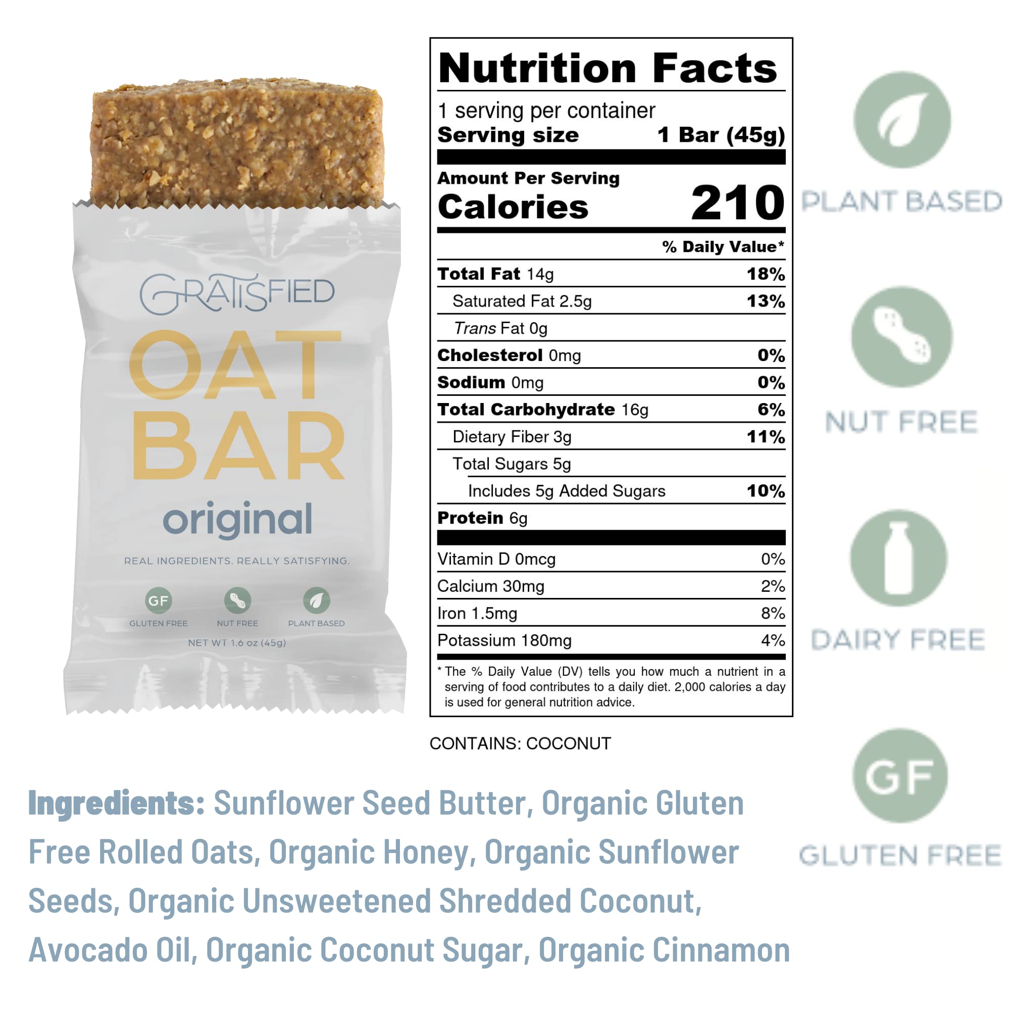 Gratisfied Oat Bar - Real Ingredients, Really Satisfying - Gluten Free, Nut Free, Plant Based Granola Bars | (12 Pack)