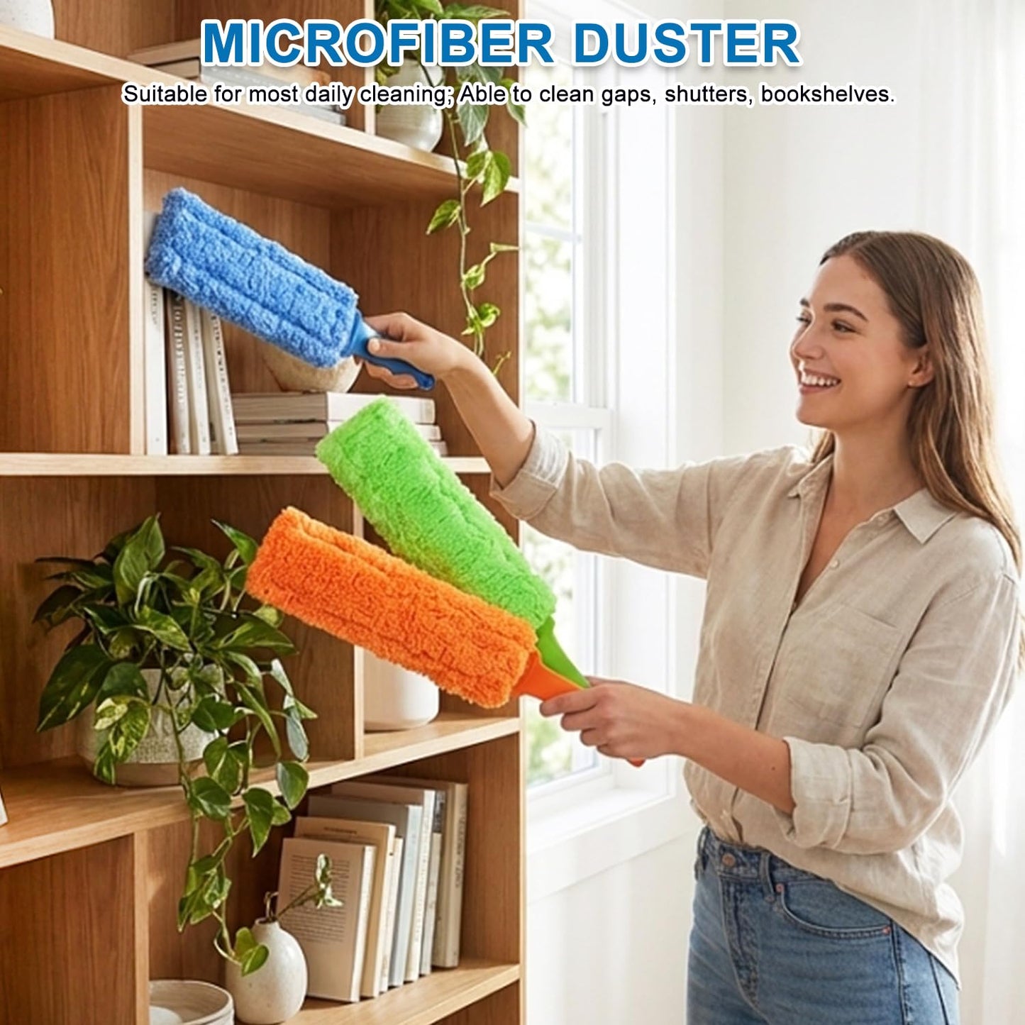 4 Pack 15 inch Reuseable Microfiber Feather Duster, Blind Duster, Gap Duster, Removable and Washable Head, Cleaning Tool for Window, Blind, Car, Wall