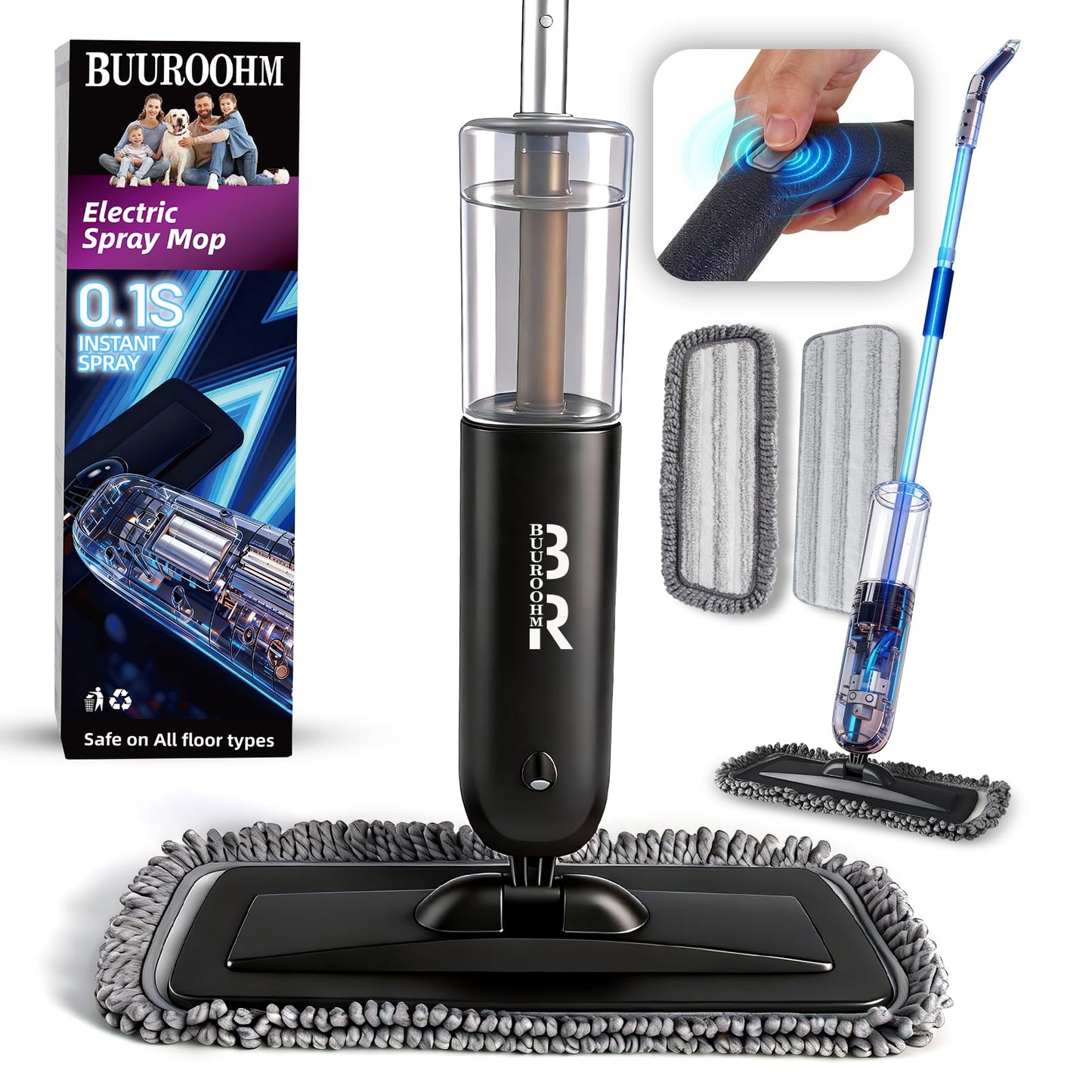 Electric Spray Mop Floor Cleaner with 2 Mopping Pads 720ml Bottle & Scraper 360° Swivel Head Lightweight Cordless Wet Dry Cleaner for Hardwood Floor