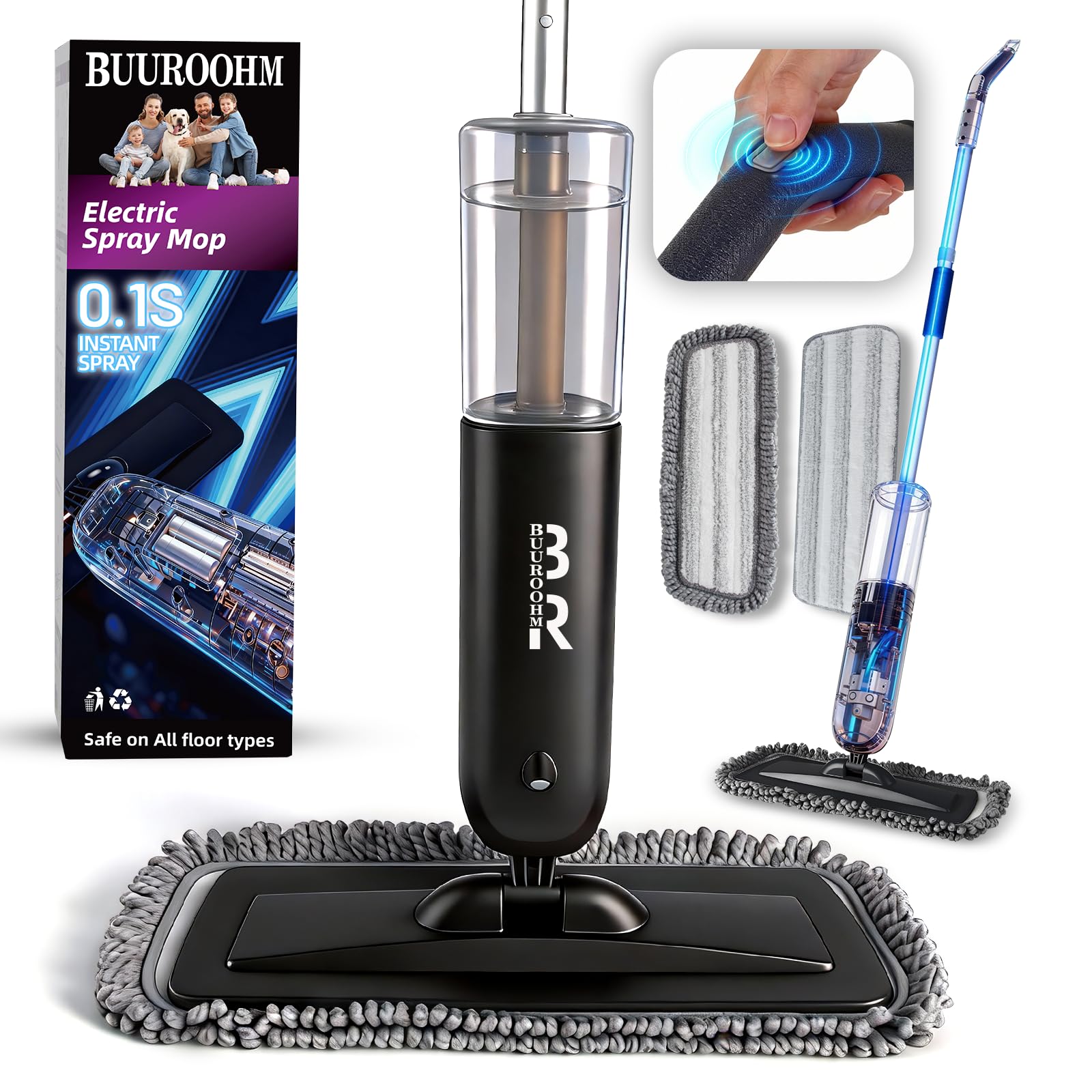 Electric Spray Mop Floor Cleaner with 2 Mopping Pads 720ml Bottle & Scraper 360° Swivel Head Lightweight Cordless Wet Dry Cleaner for Hardwood Floor