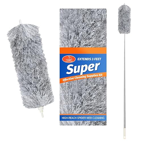 ZZ LAZYCOTTAGE Duster with Extension Pole & Flexible Head, Gray Feather Duster, Long Ddusters for Cleaning for High Ceilings, Walls, Fans, Cobweb
