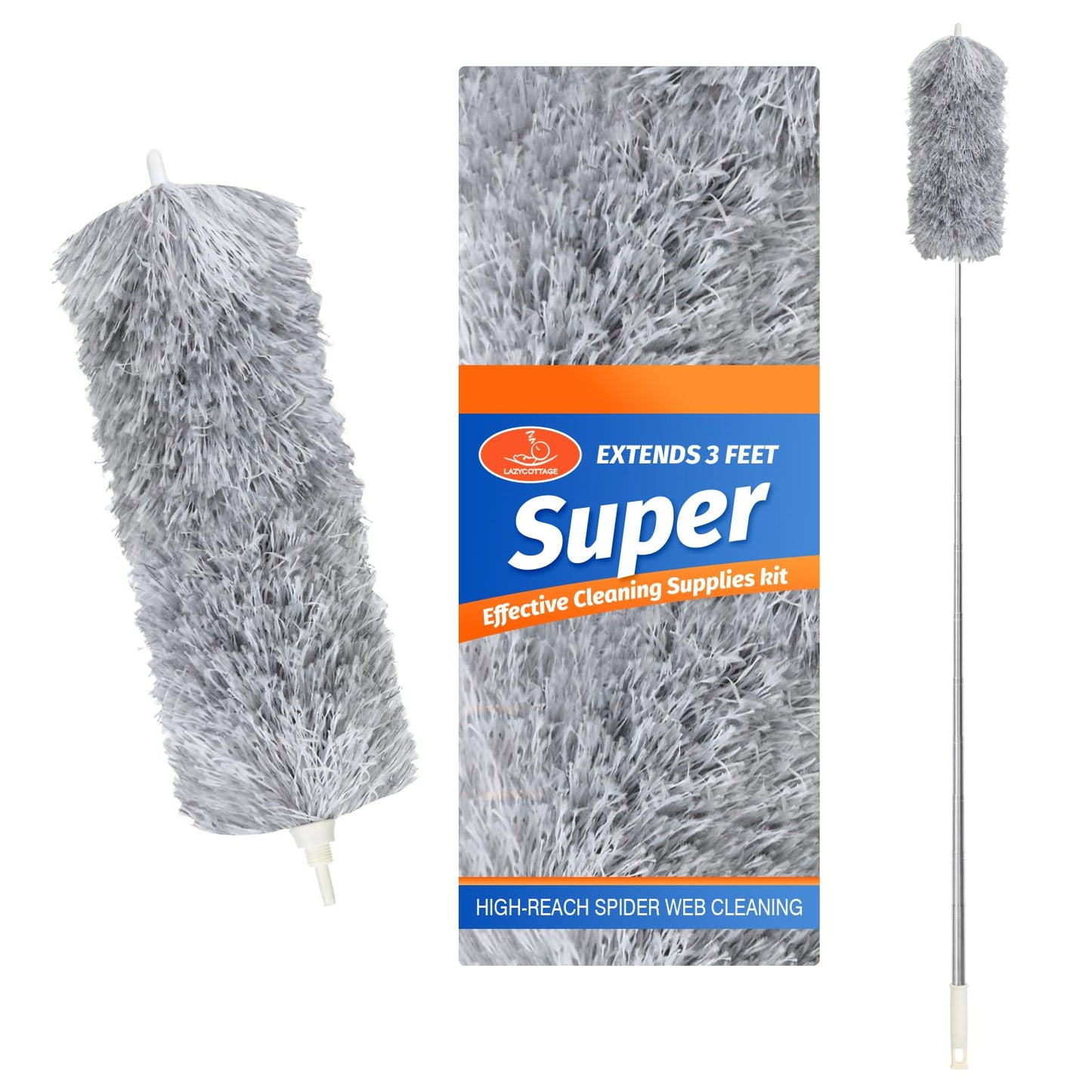 ZZ LAZYCOTTAGE Duster with Extension Pole & Flexible Head, Gray Feather Duster, Long Ddusters for Cleaning for High Ceilings, Walls, Fans, Cobweb