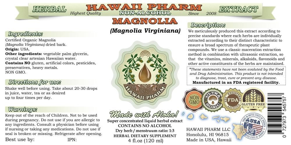 Magnolia Alcohol-Free Liquid Extract, Magnolia (Magnolia Virginiana) Dried Bark Glycerite Natural Herbal Supplement, Hawaii Pharm, USA 2 oz