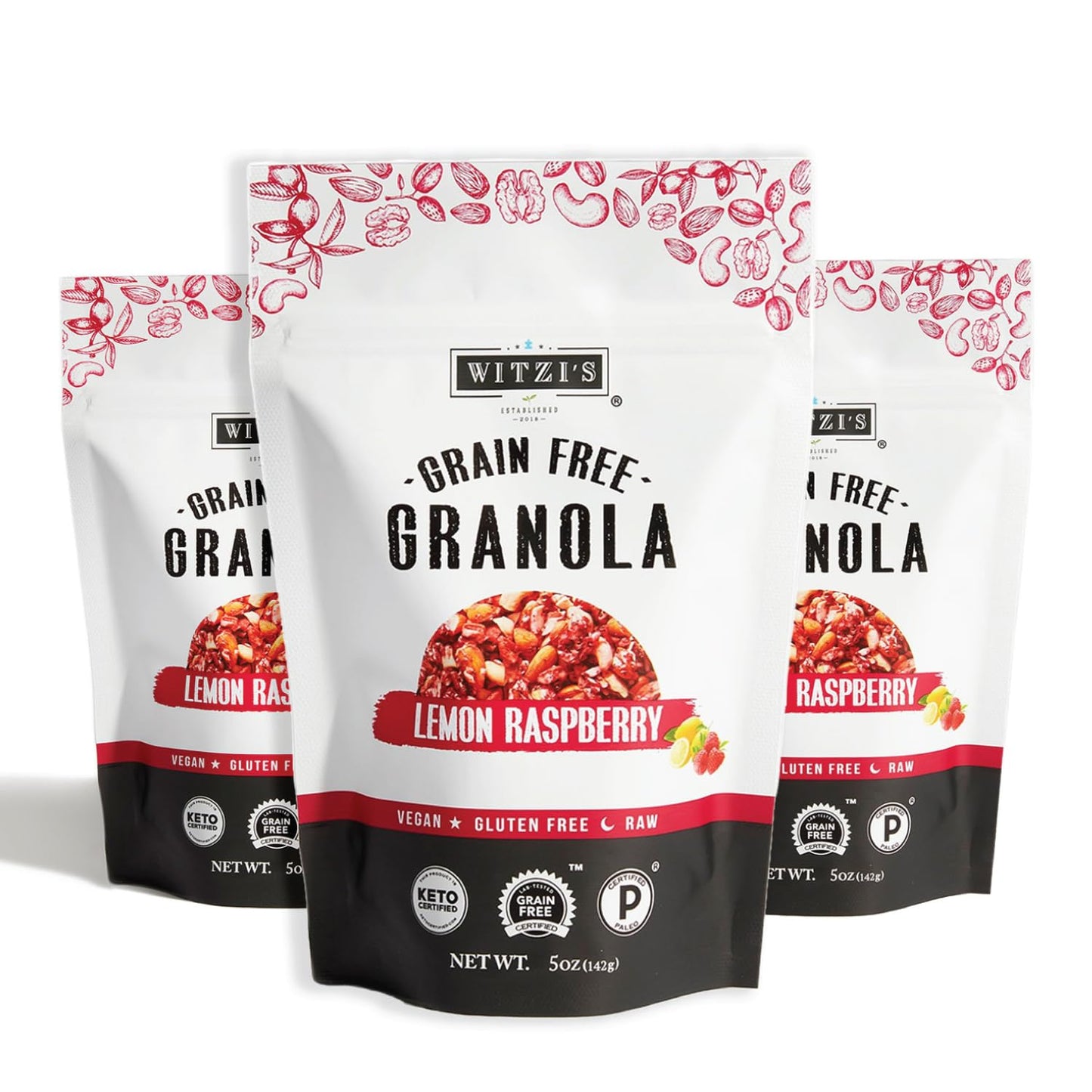 Witzi's Grain Free Granola, Lemon Raspberry, 5oz (Pack of 3), Made with Almonds, Lemons & Raspberries, Vegan, Keto, Gluten Free, Healthy Snack