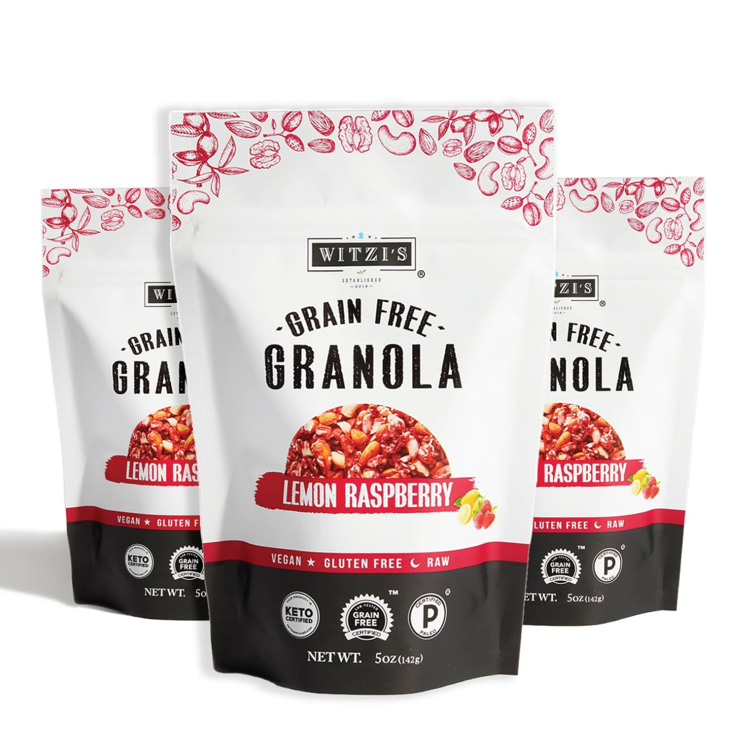 Witzi's Grain Free Granola, Lemon Raspberry, 5oz (Pack of 3), Made with Almonds, Lemons & Raspberries, Vegan, Keto, Gluten Free, Healthy Snack