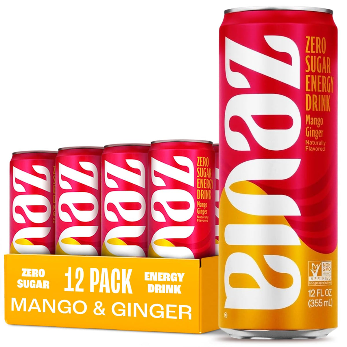 Zevia Zero Sugar Energy Drink, Mango Ginger, 12 oz Cans (12-Pack) - Naturally Sweetened, Zero Calorie Sugar Free Energy - Non-GMO Project Verified