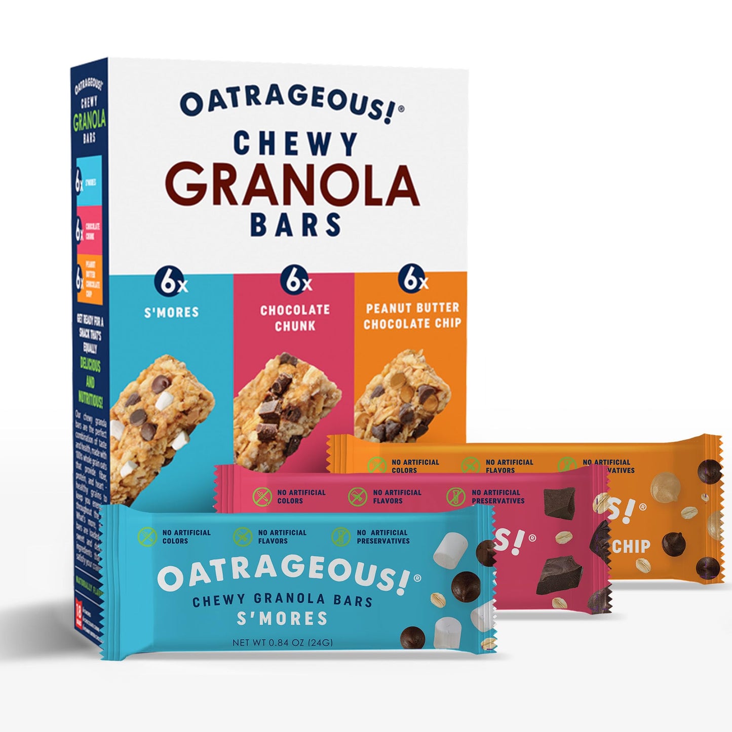 OATRAGEOUS! Chewy Granola Bars Variety Bundle, Peanut Butter Chocolate Chip, Chocolate Chunk & S'mores, Made with Whole Grain Oats, Breakfast Bars