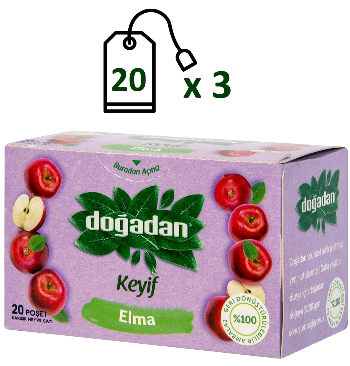 Dogadan, Premium Turkish Apple Tea (Elma Cayi) - 20 Tea Bags - Pack of 3