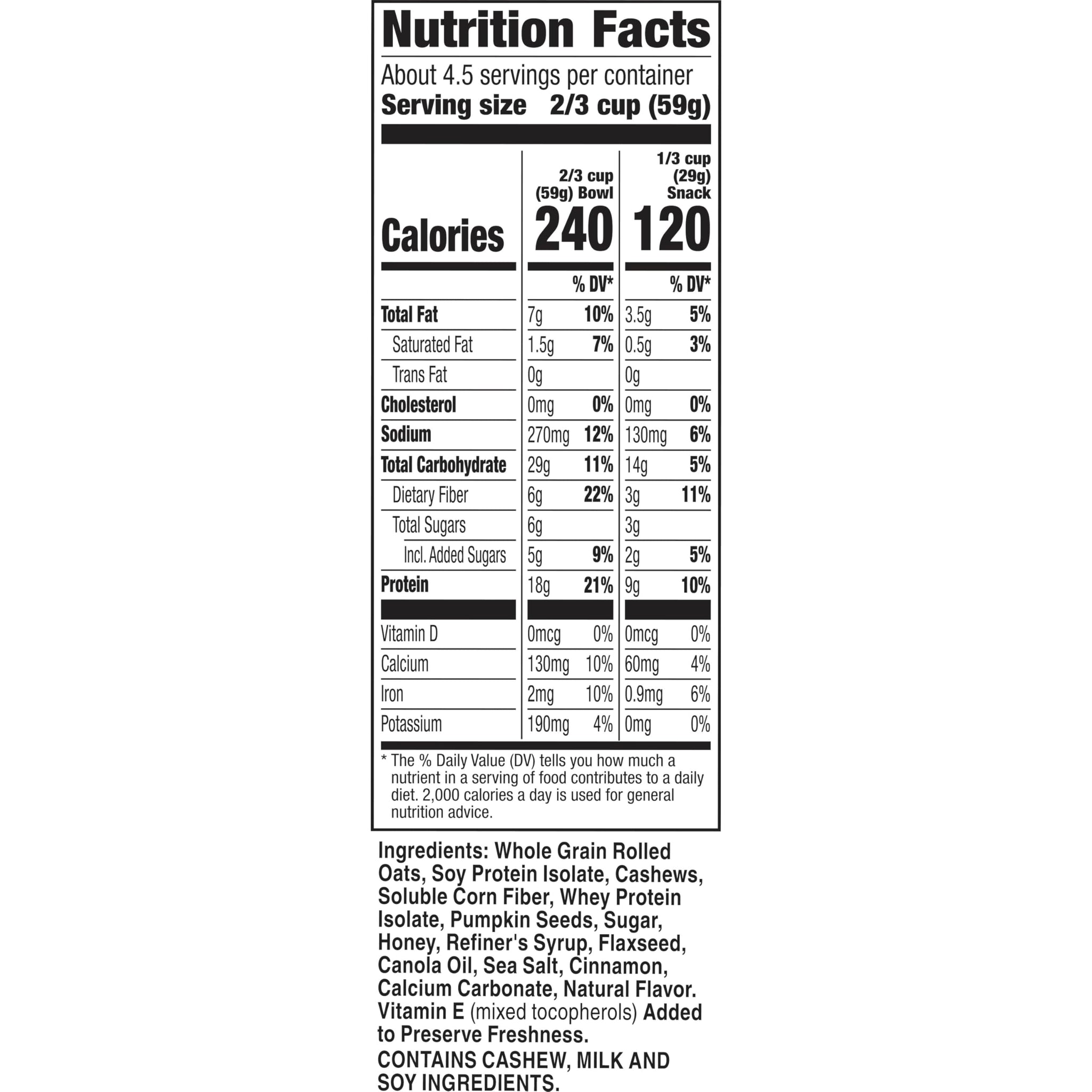 Ratio Protein Fiber Honey Cashew Granola Cereal, 18g Protein, 9.8 oz