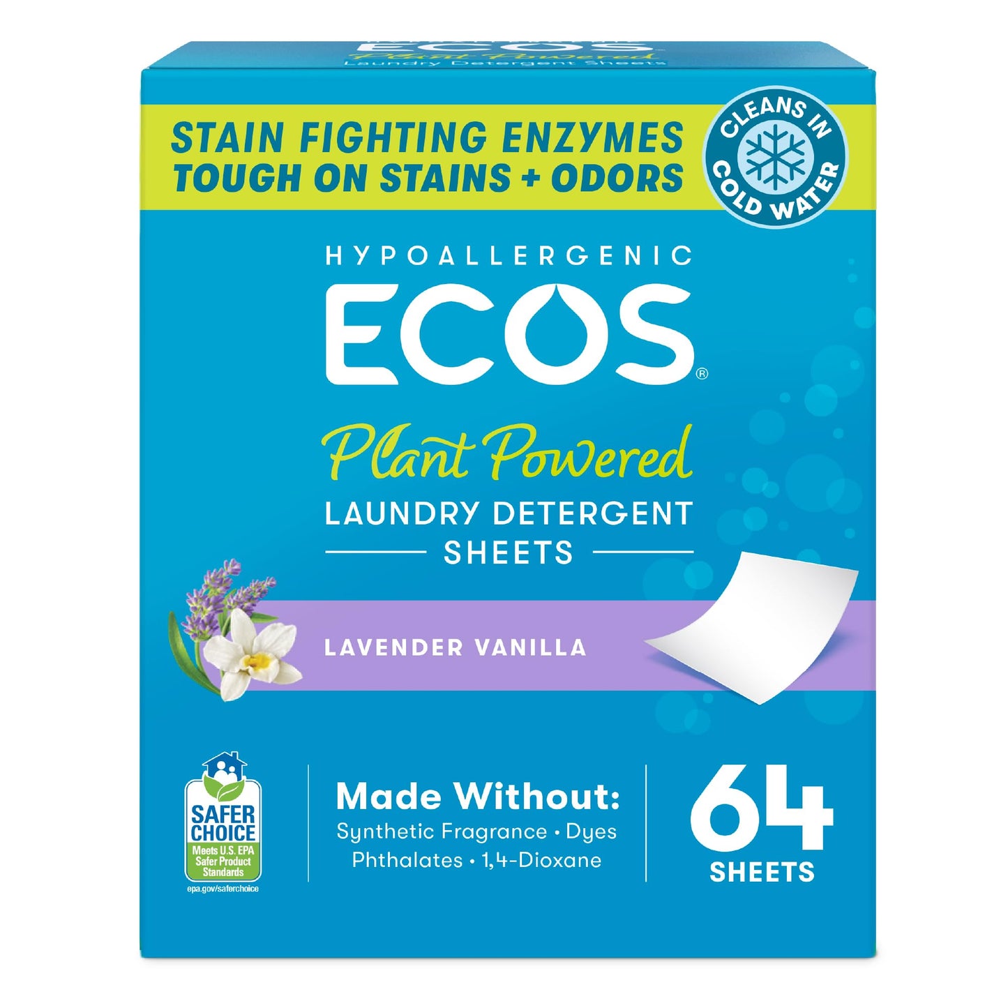 ECOS Laundry Detergent Sheets Vegan, No Plastic Jug, No Mess, Liquid Free - Hypoallergenic, Plant Powered Laundry Detergent Sheet - Lavender Vanilla