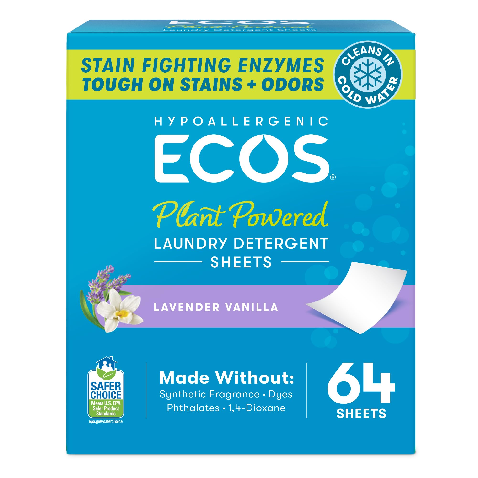 ECOS Laundry Detergent Sheets Vegan, No Plastic Jug, No Mess, Liquid Free - Hypoallergenic, Plant Powered Laundry Detergent Sheet - Lavender Vanilla