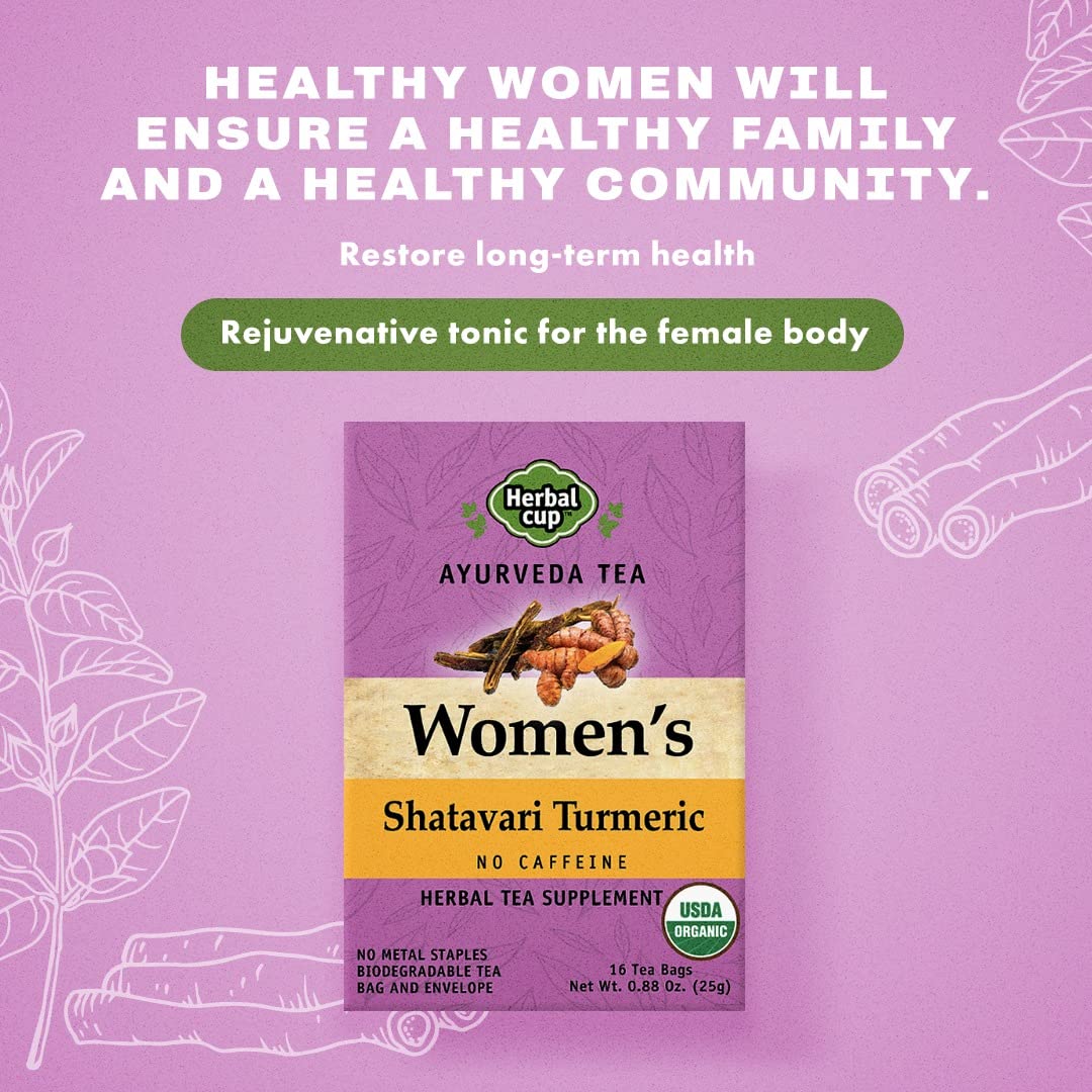 Herbal Cup Ayurveda Women's Tea, Organic Shatavari Turmeric, No Caffeine Herbal Teas (Women's Shatavari Turmeric, 16 Count (Pack of 1)