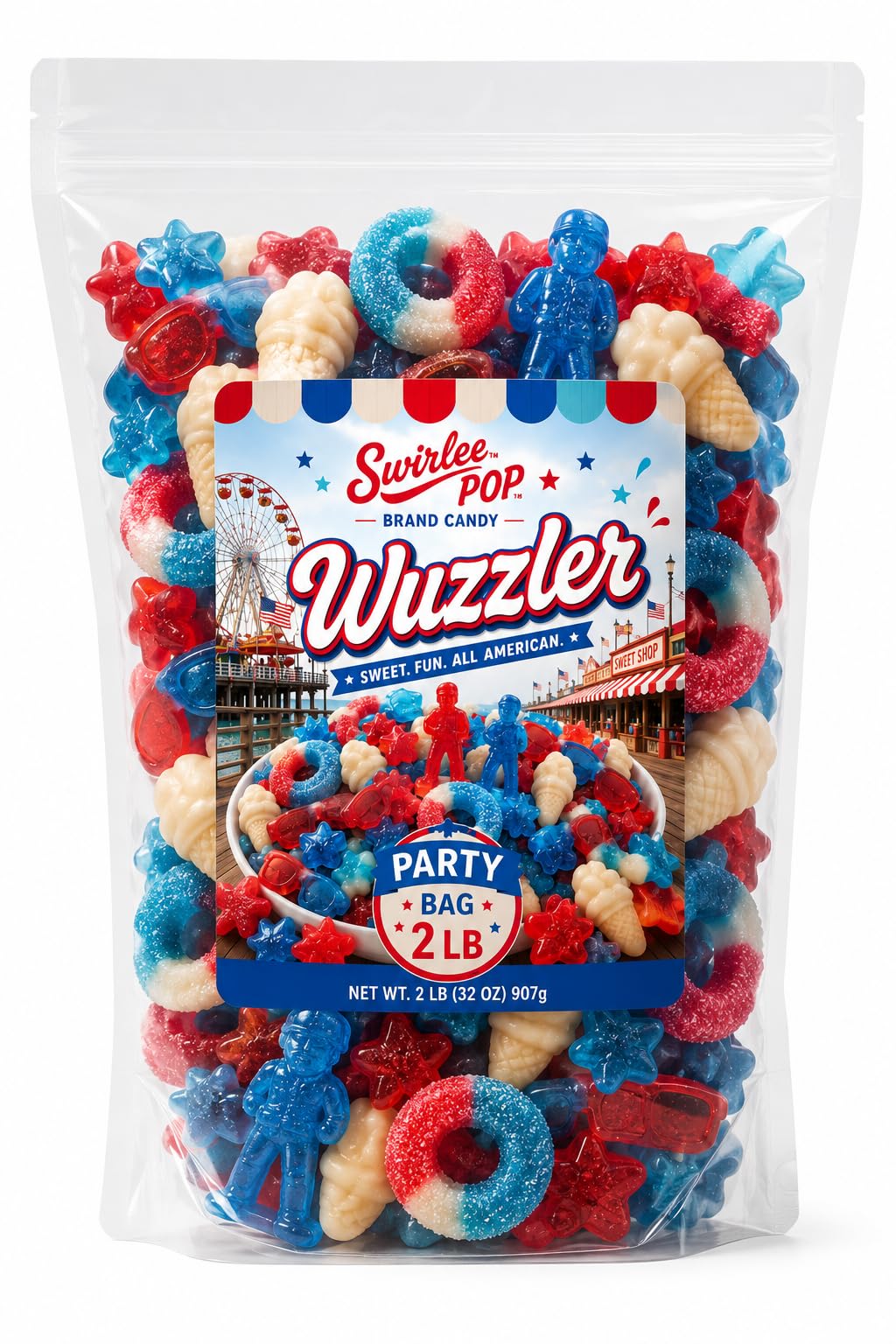 Wuzzler™ Stars & Stripes Mix by Swirlee Pop™ - 2 lb Patriotic Candy Variety Mix for Summer Parties, BBQs & Events.