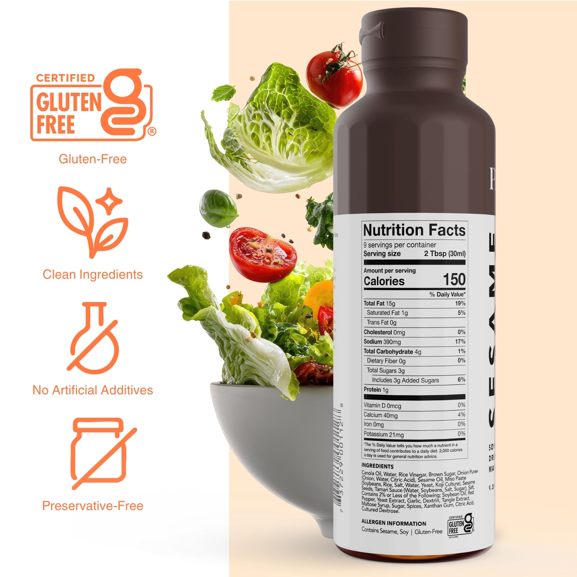 Pietro Sesame & Miso Dressing - No MSG & Gluten Free Japanese Style Marinade and Vinaigrette - For Salads, Vegetables, Seafood & Grain Bowls - 9.3 oz