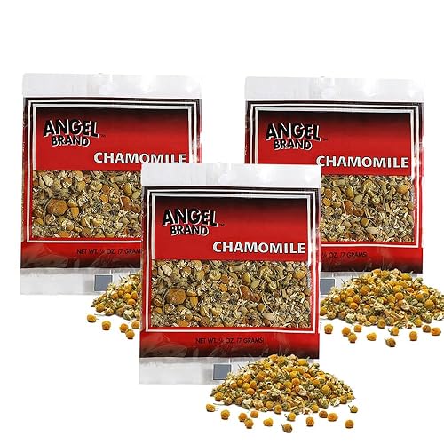 Angel Brand Dried Chamomile Flowers - 0.25 oz Pouch Pack of 3 - Premium Chamomile Flowers for Tea and Herbal Infusions.