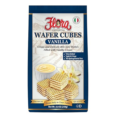 Flora Imported Wafer Cubes Vanilla | Filled, Crispy and Delicate Bite Size Wafers | Filled with Vanilla Cream | Oven Baked | 100% Italian