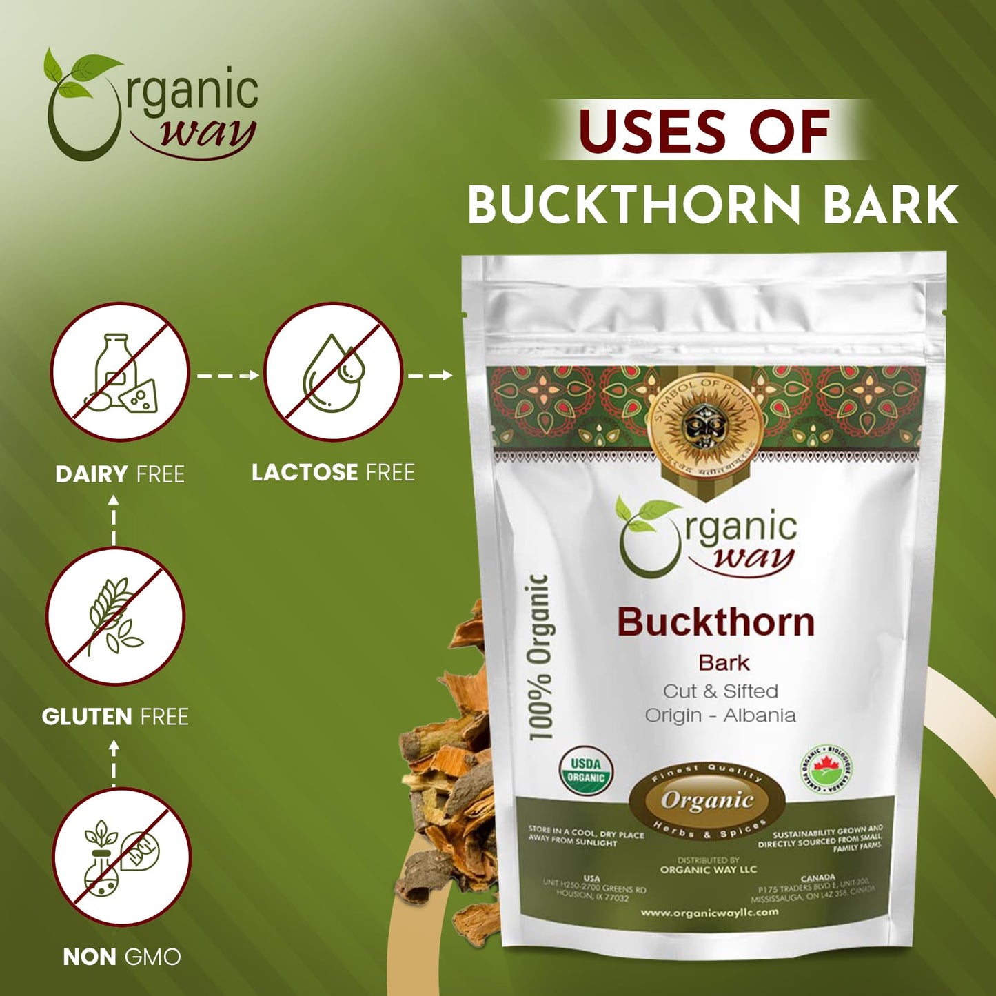Organic Way Dried Buckthorn Bark (Frangula Alnus) Cut & Sifted - Organic & Kosher Certified | Raw, Vegan, Non GMO & Gluten Free | USDA Certified |