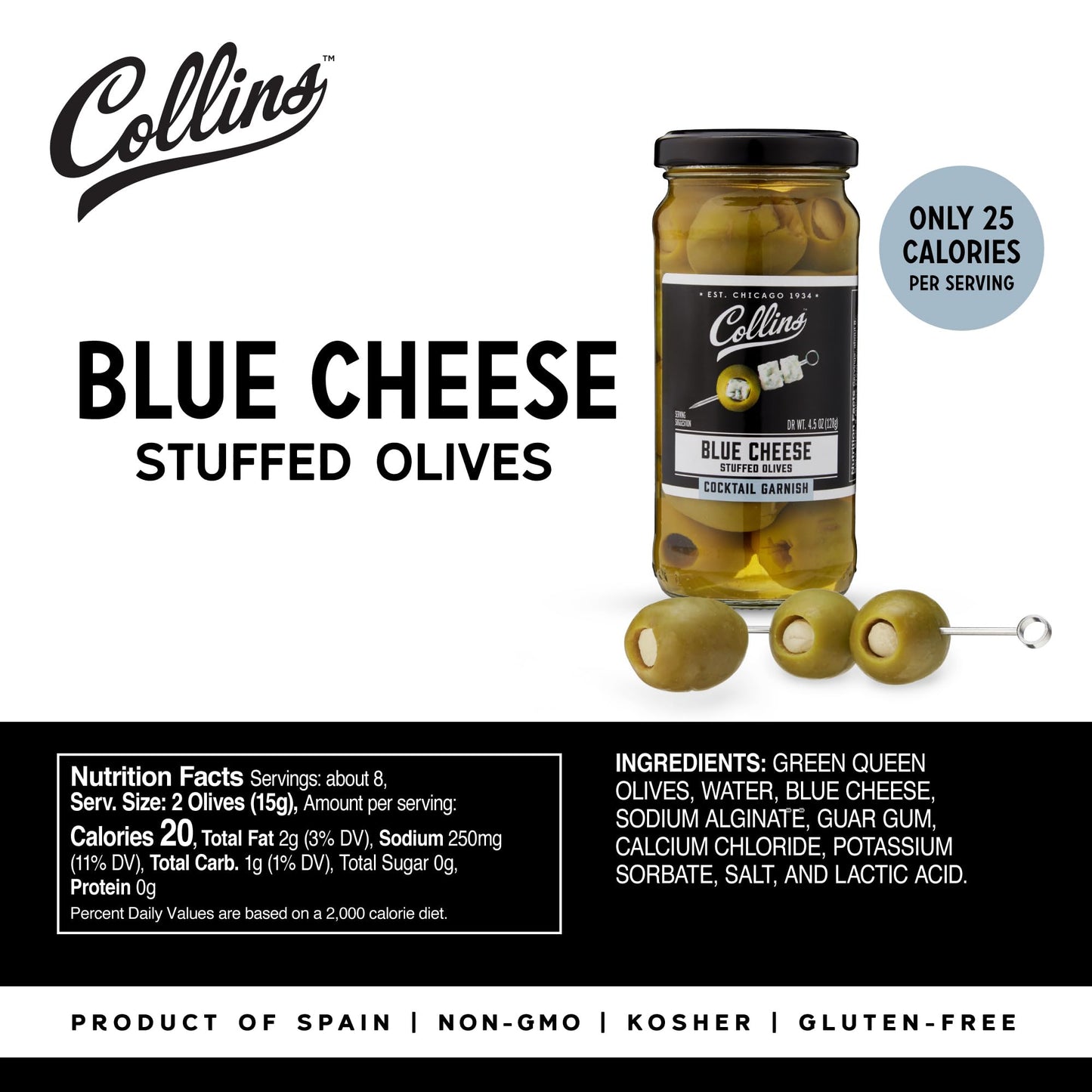 Collins Gourmet Blue Cheese Olives, Premium Stuffed-Cheese Garnish for Cocktails, Martinis, Bloody Marys, Snack Trays, Charcuterie, and Salads