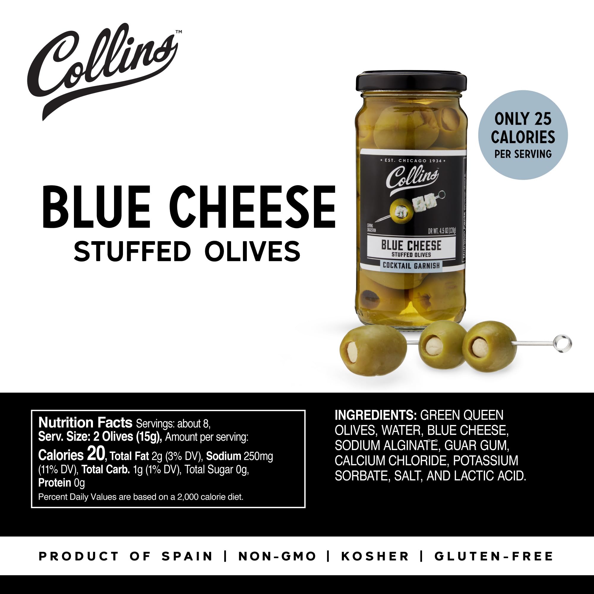 Collins Gourmet Blue Cheese Olives, Premium Stuffed-Cheese Garnish for Cocktails, Martinis, Bloody Marys, Snack Trays, Charcuterie, and Salads