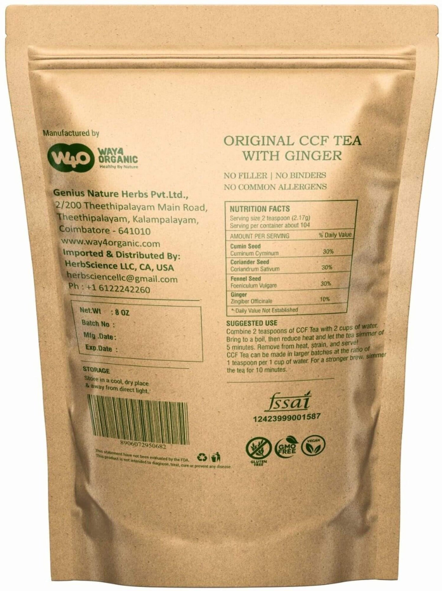 CCF Tea (Cumin, Coriander, Fennel) With Ginger - Digestive Tea to Support Natural Detoxification 8 Ounces (Pack of 1)