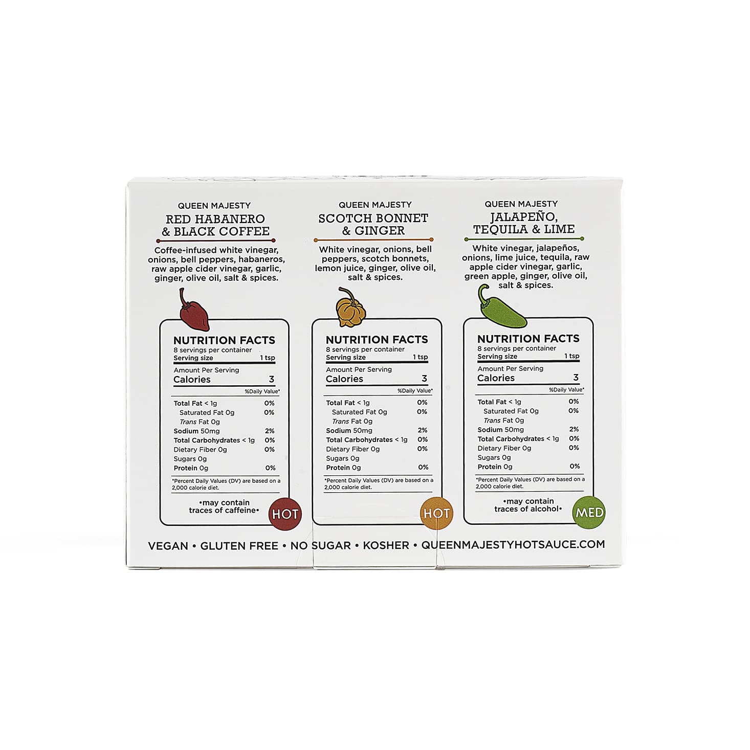 Queen Majesty 2OZ HOT SAUCE SAMPLER, Mini 2 oz - Jalapeño, Scotch Bonnet, Red Habanero/Award Winning Sauces - All Natural, Kosher, Vegan, Gluten Free