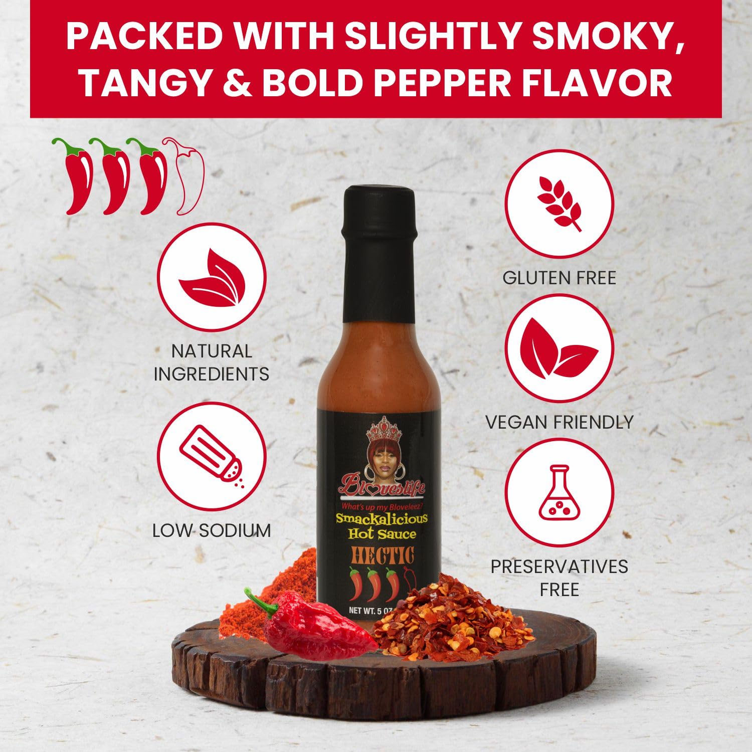 Bloveslife Smackalicious Hectric Hot Sauce 5 Oz - Vegan Organic Vinegar-Flavored Sauce, Low-Sodium, Low-Fat, All-Natural Smoky Ghost Pepper Sauce
