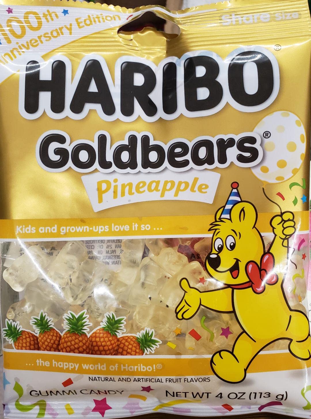 Haribo ALL Pineapple Goldbears 100th Anniversary Edition Net Wt 4oz (113g) Shar Size Gummy Candy Limited Edition Flavor