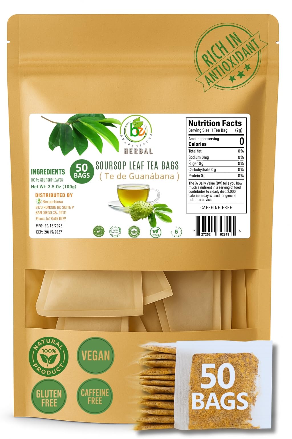 Guanábana (Soursop) Herbal Tea - 50 Bags (2 g Each) - 100% Natural, Vegan, Non-GMO, Sugar-Free, Caffeine-Free - Antioxidant-Rich Infusion for Hot