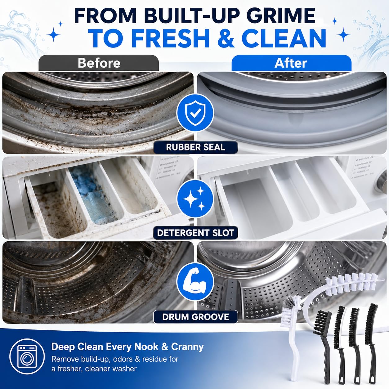 Washing Dryer Machine Rubber Seal Cleaning Brush Kits, Front Load Washer Cleaner Tools-1 PC Drum Slot Clean Brush & 5 PCS Crevice Cleaning Brushes